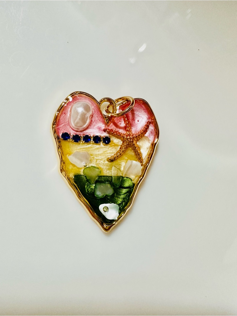Hand-Painted Heart Pendant Necklace — Pink, Yellow & Green Enamel with Gold Trim